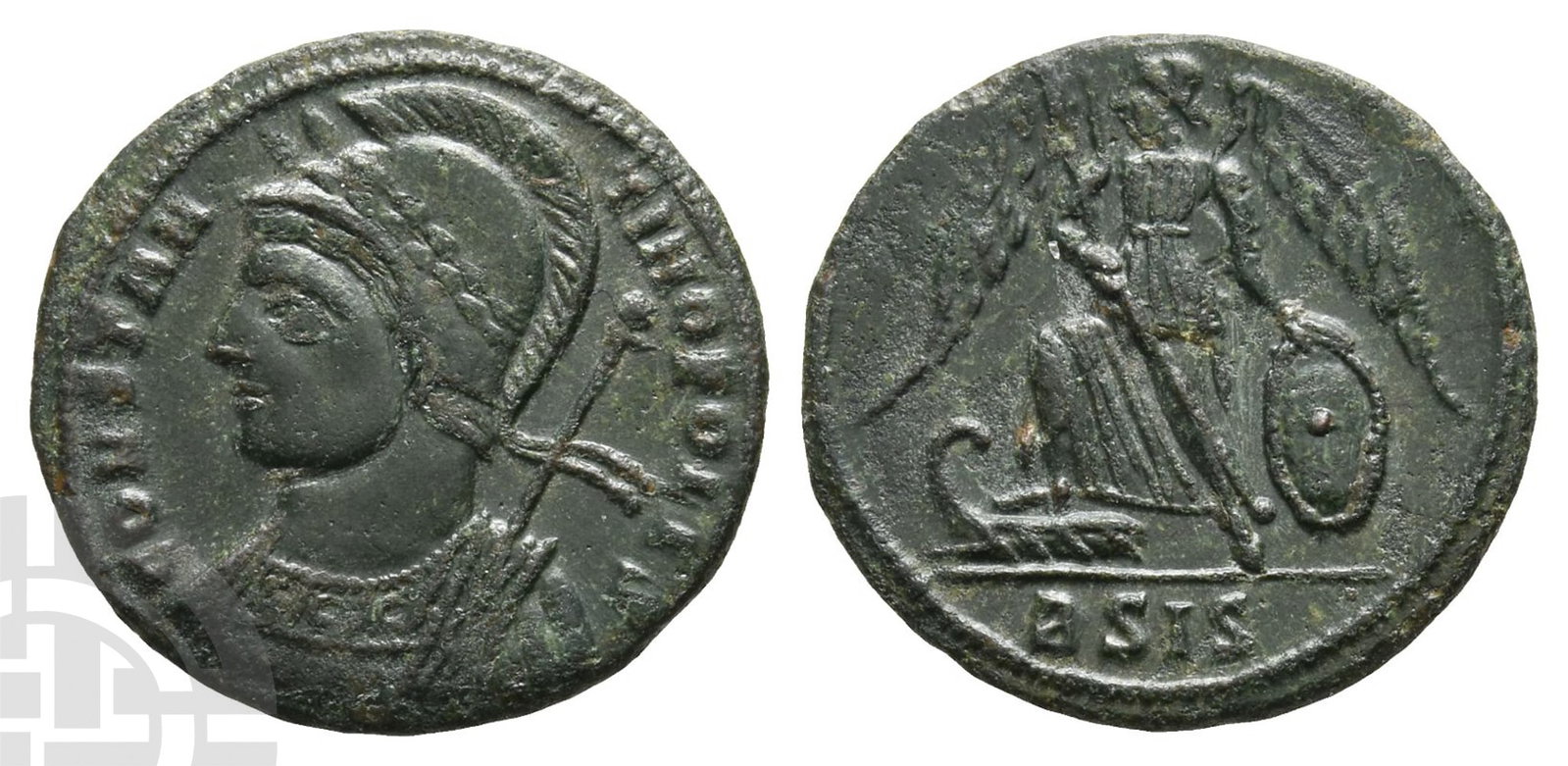 City Commemorative BI Nummus.: Struck under Constantine I, AD 330-333. Siscia mint. 2nd officina. CONSTAN-TINOPOLIS, laureate, helmeted and mantled bust of Constantinopolis to left, holding sceptre / Victory standing to left, foot 