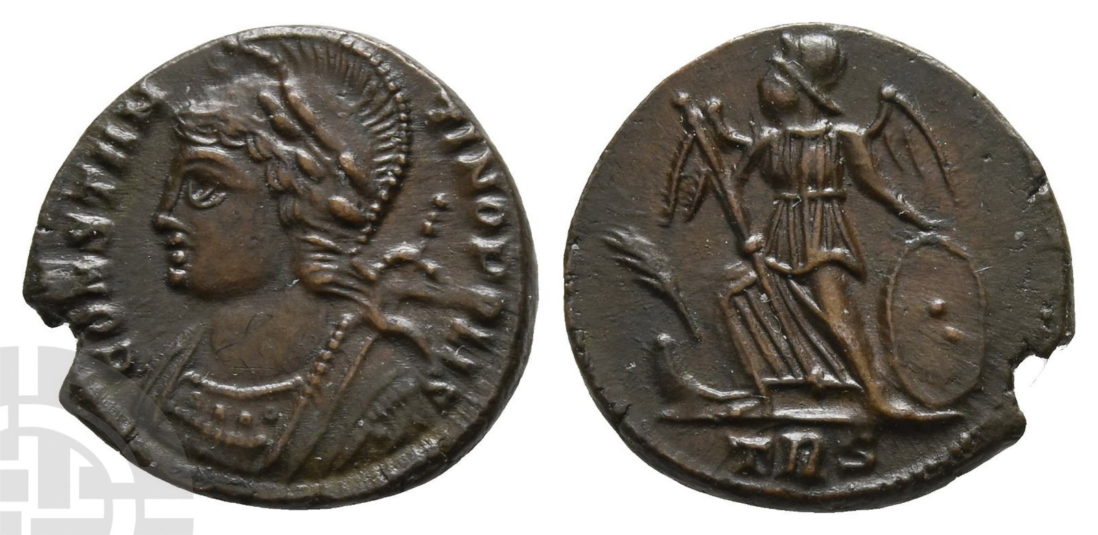 City Commemorative BI Nummus.: Struck under Constantine I, AD 333-334. Treveri mint. 2nd officina. CONSTAN-TINOPOLIS, laureate, helmeted and mantled bust of Constantinopolis to left, holding sceptre / Victory standing to left, foot