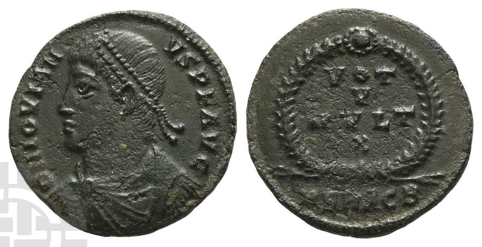 Jovian BI Nummus.: AD 363-364. Heraclea mint. 2nd officina. D N IOVIANVS P F AVG, pearl-diademed, draped and cuirassed bust to left / VOT V MVLT X in four lines within wreath; HERACB in exergue. RIC VIII 110. 3.37gr, 20