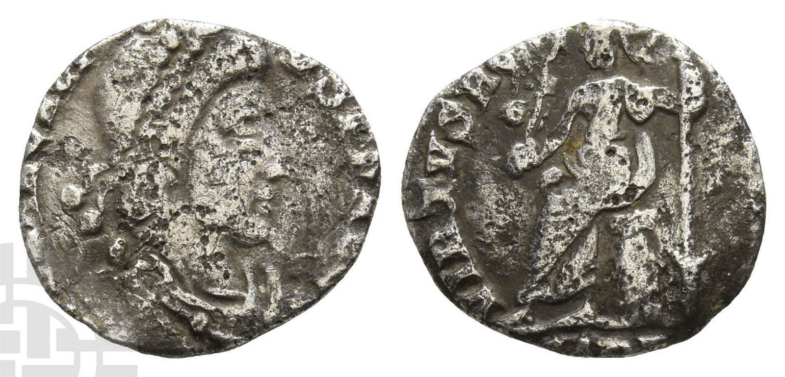 Honorius AR Siliqua.: AD 393-423. Mediolanum(?) mint. D N HONORI-VS P F AVG, pearl-diademed, draped and cuirassed bust to right / VIRTVS R[OMANORVM], Roma seated to left on cuirass, holding Victory on globe and spear; [MDP