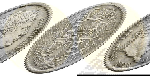 Great Britain. Hanover, George III AR Shilling.: 1760-1820. London mint. Dated 1817. 'Bull Head' type. Last coinage. Engraved by Benedetto Pistrucci and Thomas Wyon. GEOR : III D : G : BRITT : REX F : D :, laureate head to right; date below / Ornate