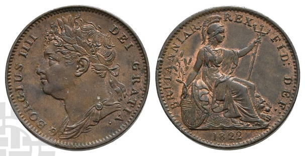 Great Britain. Hanover, George IV AE Farthing.: 1820-1830. London mint. Dated 1822. Design by Benedetto Pistrucci. GEORGIUS IIII DEI GRATIA ?, laureate and draped bust to left / BRITANNIAR: REX FID: DEF:, Seated figure of Britannia facing to right