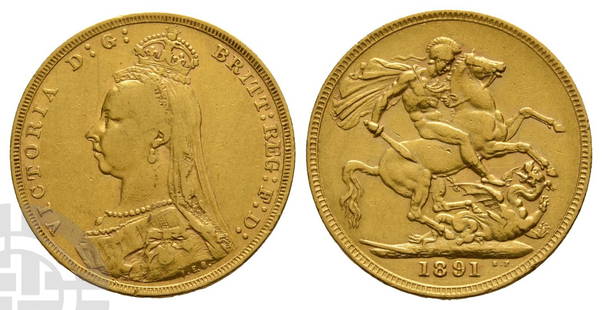 Great Britain. Hanover, Victoria AV Sovereign.: 1837-1901. London (Tower Hill) mint. Dated 1891. 'Jubilee Head' type; long tail. Designs by Joseph Edgar Boehm and Benedetto Pistrucci. William Wellesley Pole, Master of mint. VICTORIA D : G : BRITT :