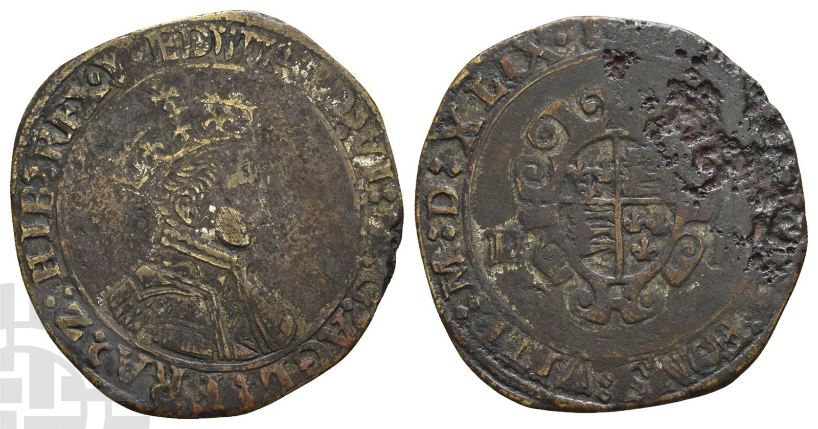 Ireland. Edward VI Brass Shilling - 'Bungal'.: 1547-1553. Contemporary cast imitation of the London mint; i.m: arrow. Dated 1549 in Roman numerals. (Arrow) ? ?DWARD ?' VI ?? D ?' G ?' AGL ?' FRA '? Z ?? HIB ?' R?X ?, crowned and mantled bust to ri