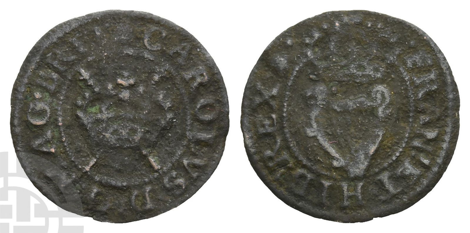 Ireland. Stuart, Charles I CU Farthing Token.: 1625-1644.'Maltravers' issue. I.m: bell. (Bell) CAROLVS : D : G : MAG : BRIT, crown over two sceptres crossed in saltire / • FRAN .' ET • HIB .' REX (bell) •, crowned harp. SCBC II 6526