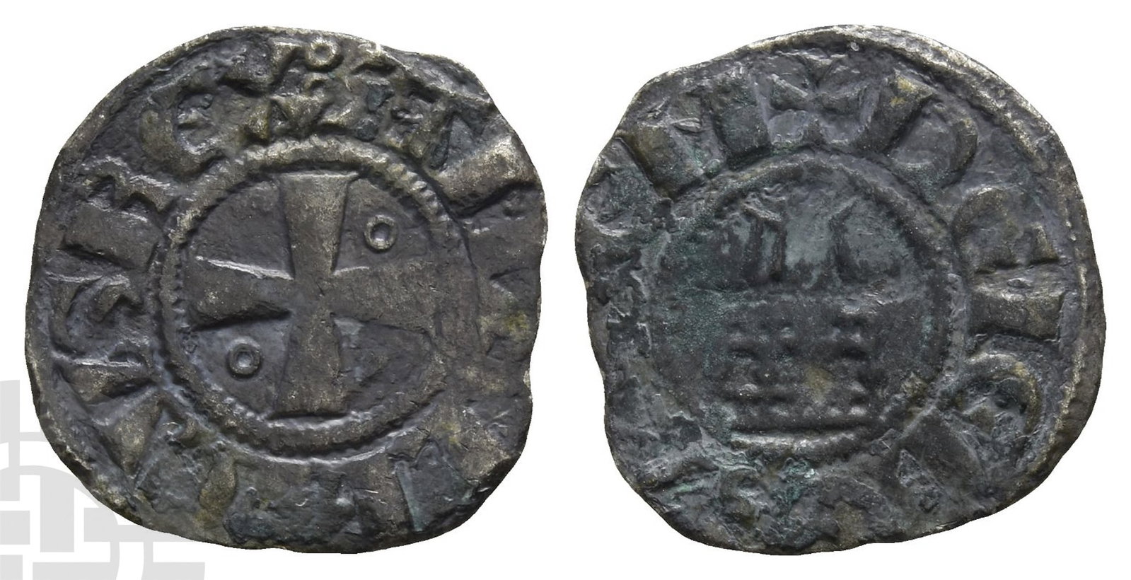 Crusaders. Latin Kingdom of Jerusalem, Amaury AR Denier.: 1163-1174.AMALRICVS R?X :, cross with pellets in two angles / ? D? I?RVSAL?M, church of the Holy Sepulchre in Jerusalem. CCS 23; Metcalf, Crusades 171. 0.65gr, 16mm, 12h.Near Very Fine. From the colle