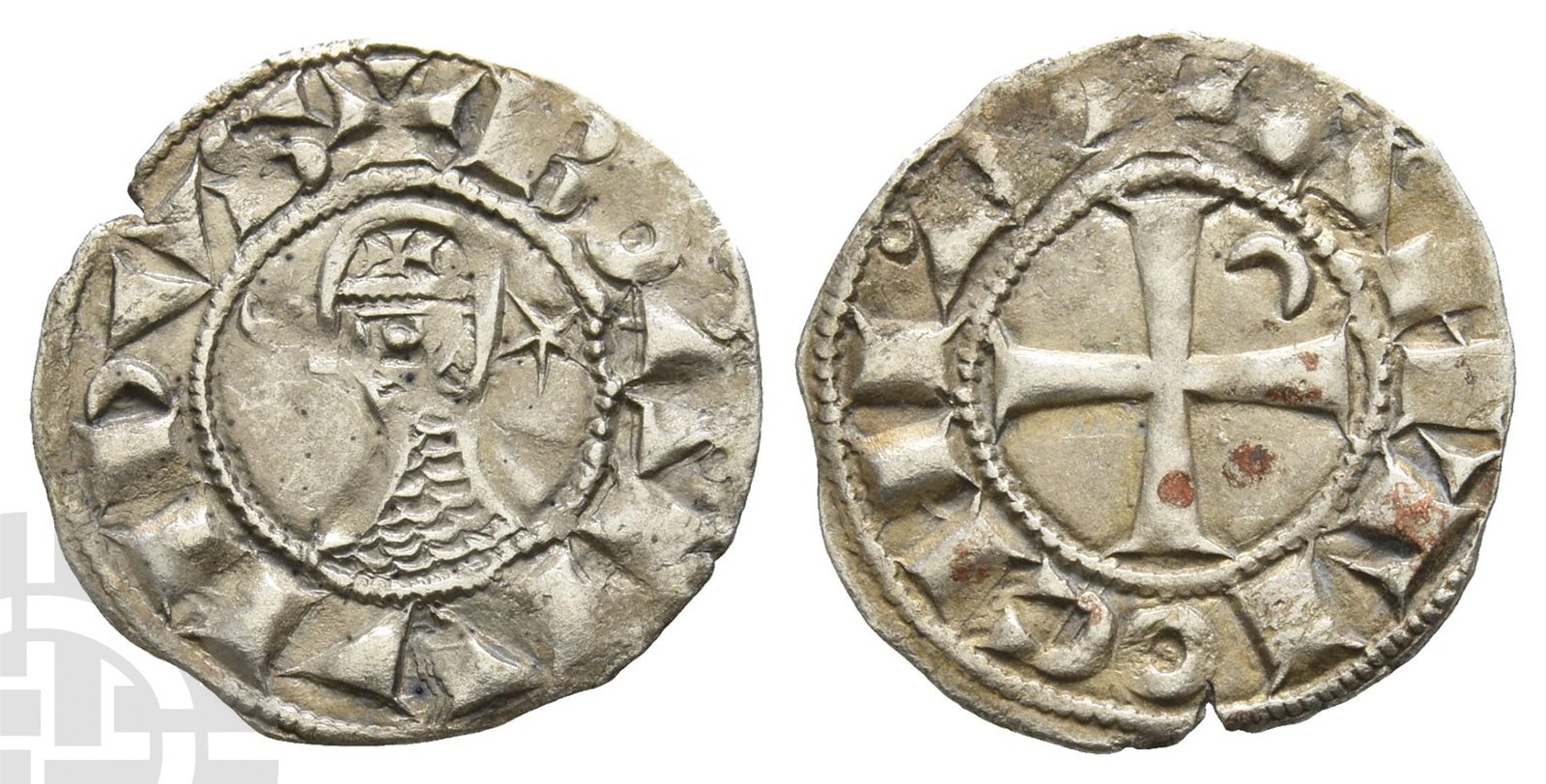 Crusaders. Boh?mond III BI Denier.: 1163-1201. Antioch (Principality) mint. ? BOAMV?DVS, helmetted head to left, between crescent and star / ? A?TIOCHIA, cross patt?e, crescent in second angle. Cf. CCS 66b. 0.90gr, 18mm, 8h.Good Very Fi
