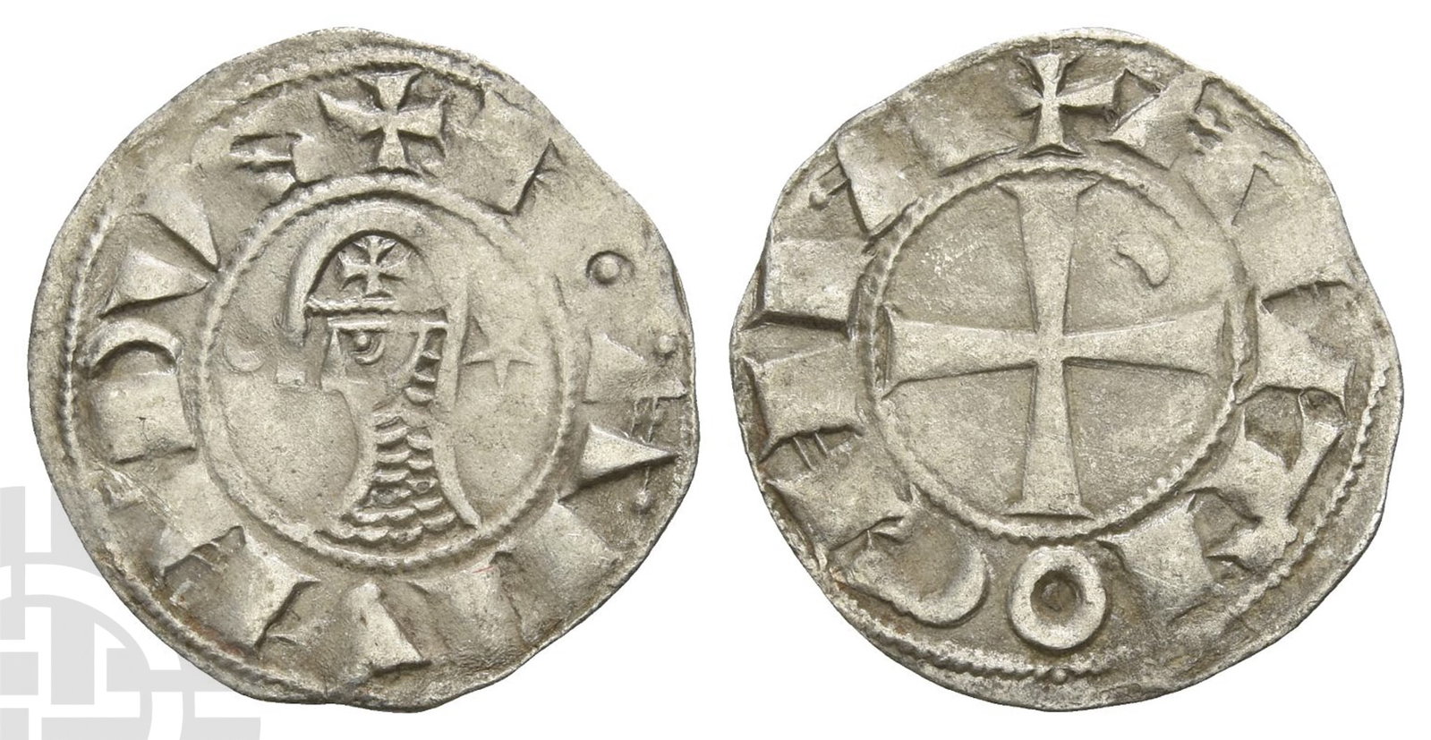 Crusaders. Boh?mond III BI Denier.: 1163-1201. Antioch (Principality) mint. ? BOAHVHDVS, helmetted head to left, between crescent and star / ? AHTIOCHIA, cross patt?e, crescent in second angle. CCS 68; Metcalf, Crusades 395-8. 0.96gr, 1