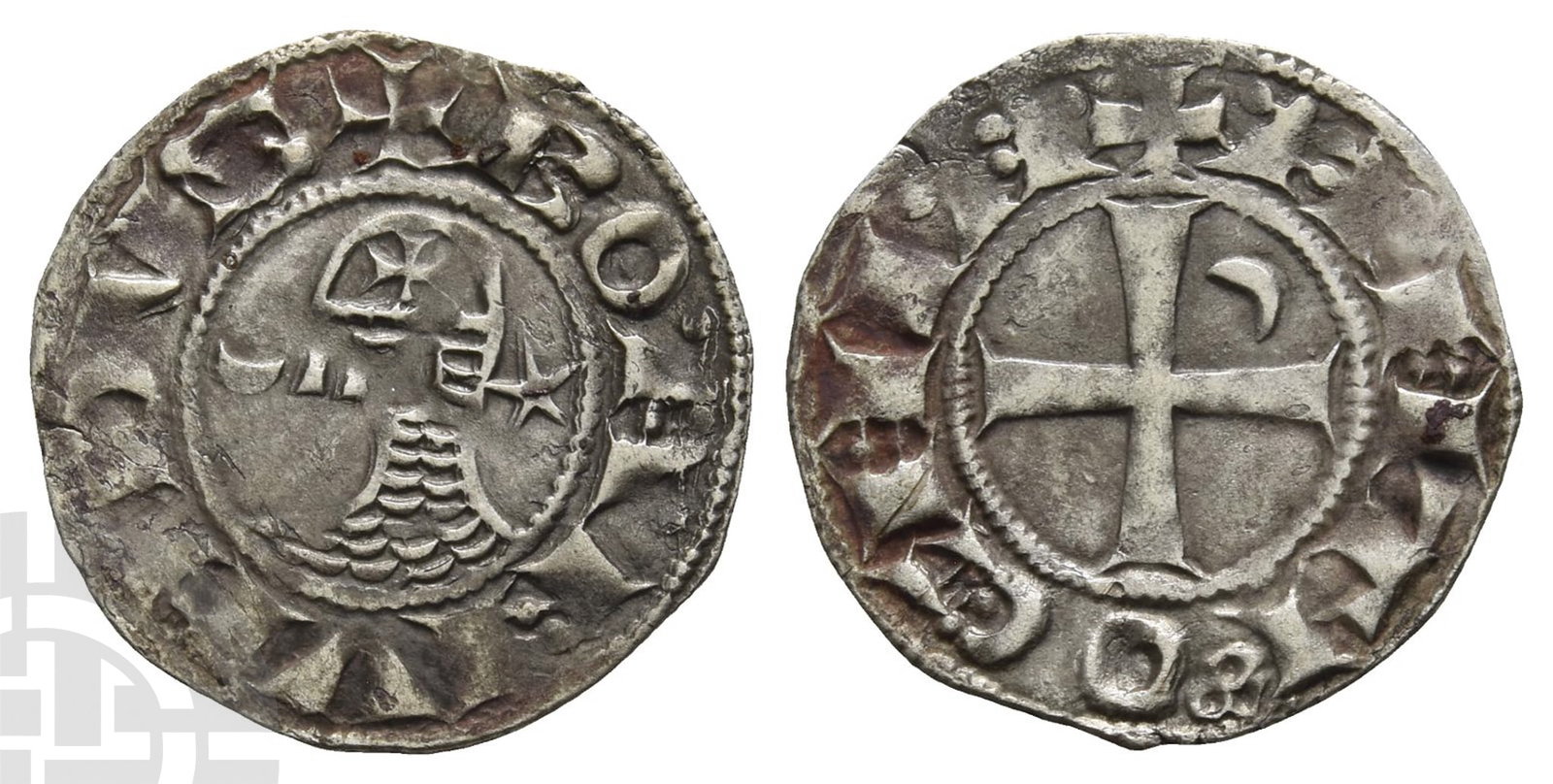 Crusaders. Boh?mond III BI Denier.: 1163-1201. Antioch (Principality) mint. Class E. ? BOAHVHDVS, helmetted head to left, between crescent and star / ? ANTI(trefoil)OCHIA, cross patt?e, crescent in second angle. Metcalf, Crusades, 402. 