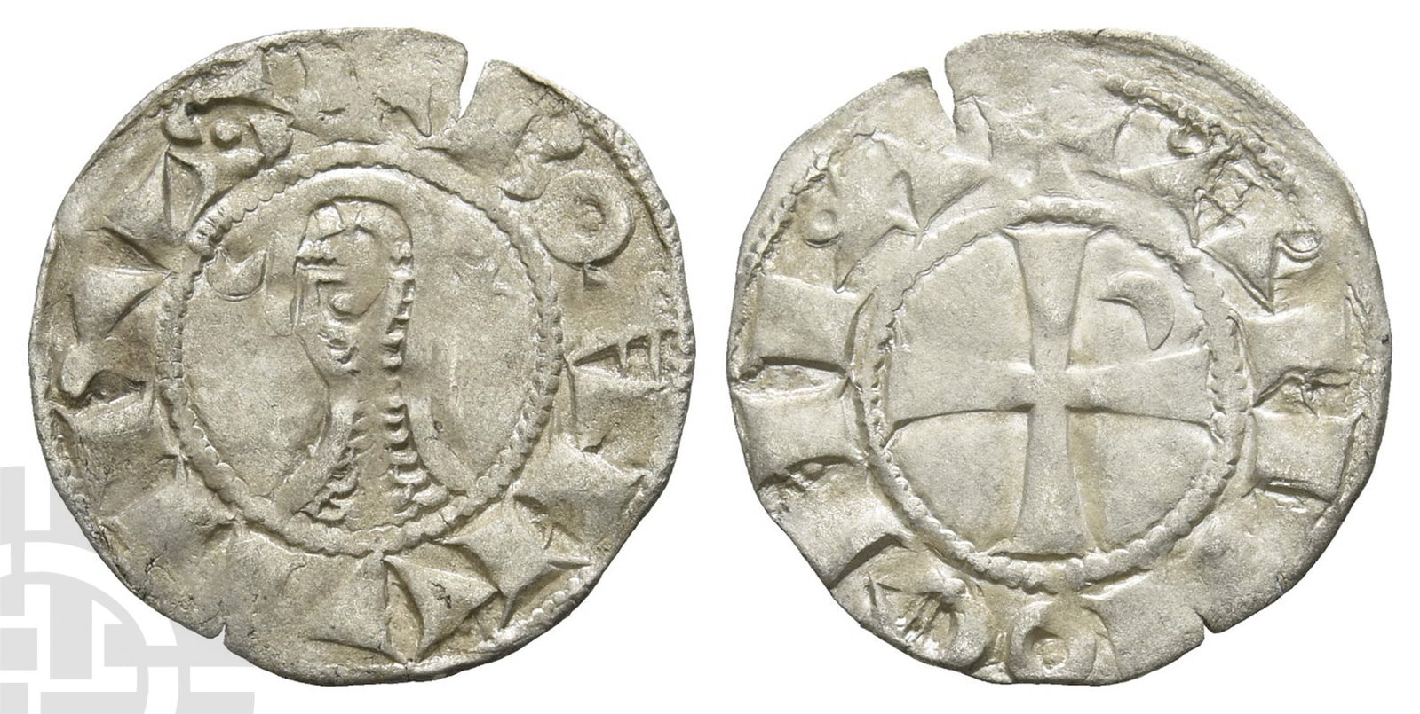 Crusaders. Boh?mond III BI Denier.: 1163-1201. Antioch (Principality) mint. ? BOA?VNDVS, helmetted head to left, between crescent and star / ? A?TIOCHIA, cross patt?e, crescent in second angle. Cf. Metcalf, Crusades, 376. 0.93gr, 18mm, 