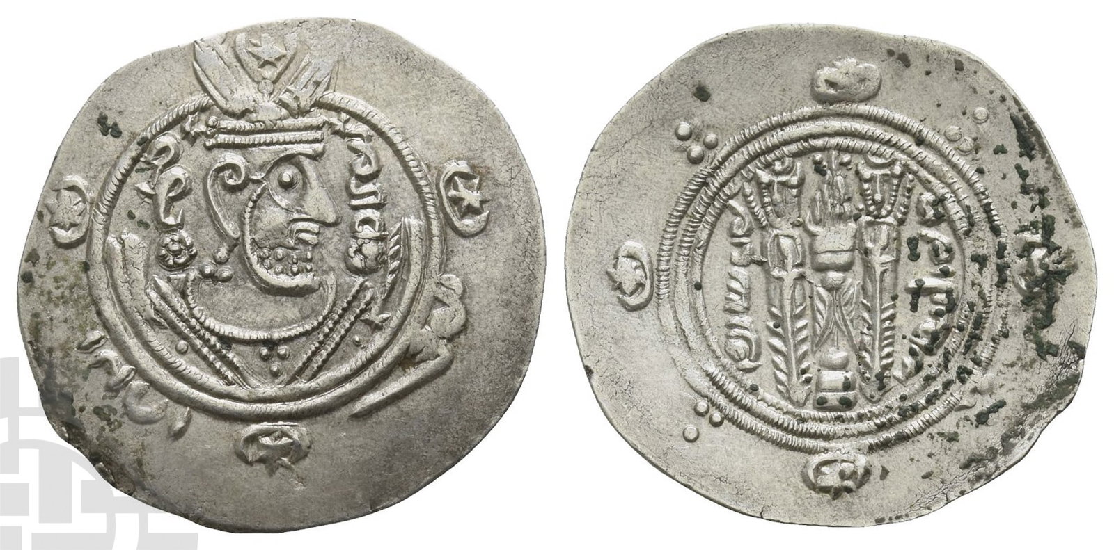 Abbasid Caliphate AR Hemidrachm.: Time of al-Rashid, AH 170-193 (AD 786-809). Tabaristan mint. Dated PYE 137 (AH 172 [AD 788/9]). Stylised crowned Sassanian style bust to right; 'GDE ?pzwt (may his glory increase) in Pahlavi to right 