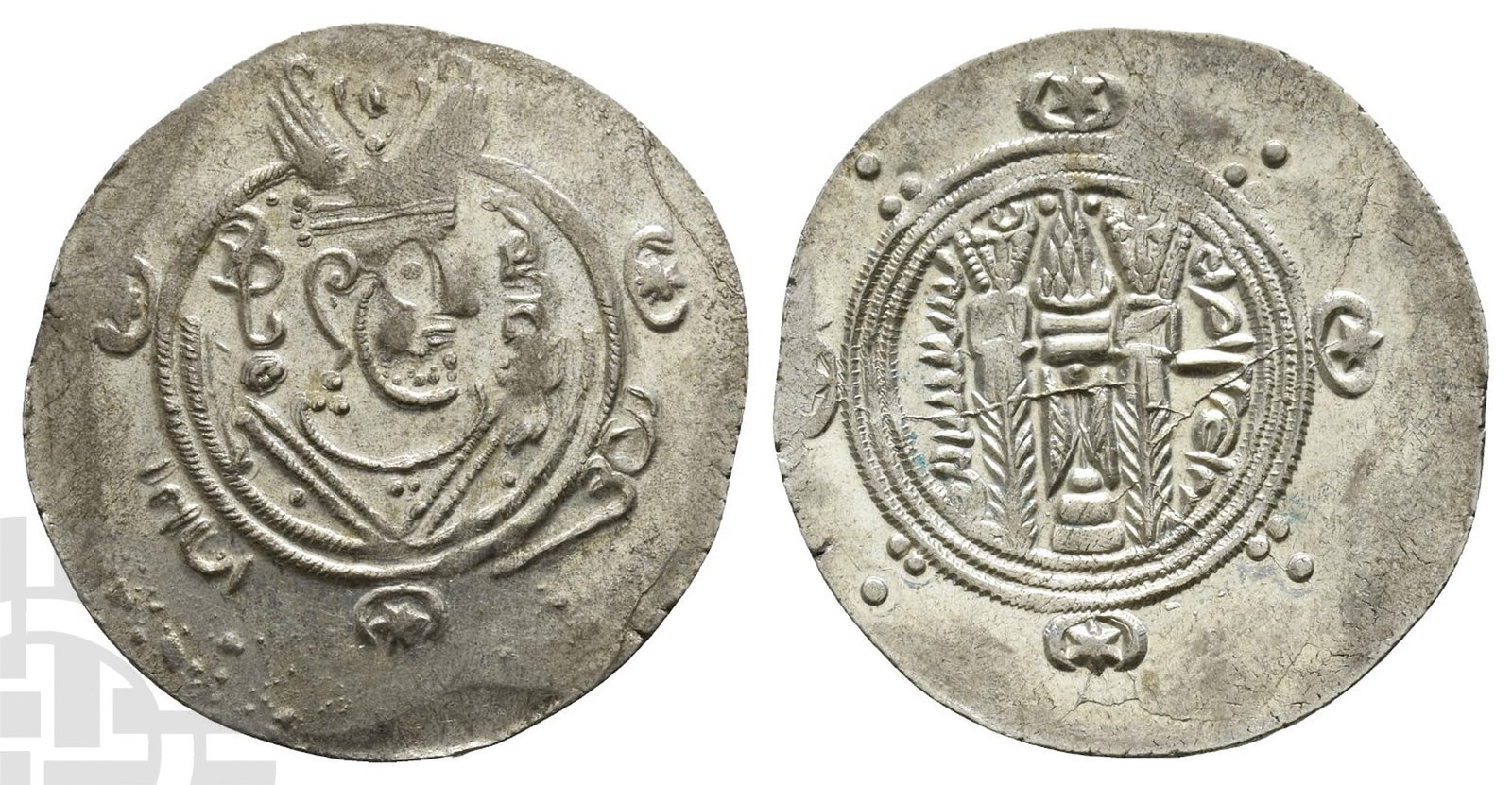 Abbasid Caliphate AR Hemidrachm.: Time of al-Rashid, AH 170-193 (AD 786-809). Tabaristan mint. Dated PYE 136 = AH 171 (AD 787/8). Stylised crowned Sassanian style bust to right; 'GDE ?pzwt (may his glory increase) in Pahlavi to right 