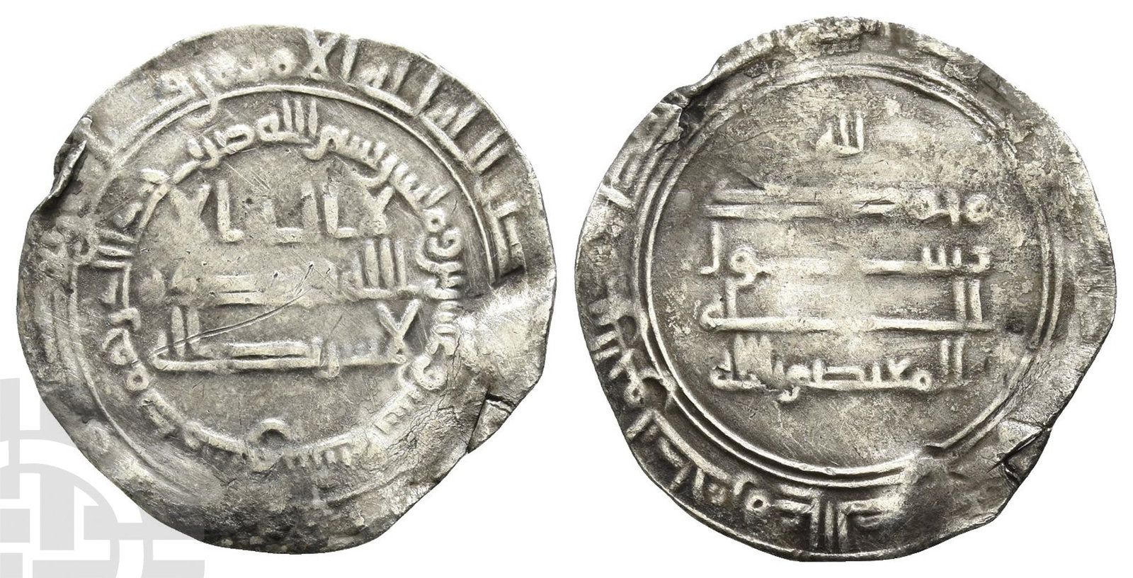 Abbasid Caliphate. Al-Mu'tasim AR Dirham.: AH 218-227 (AD 833-842). Dimashq mint. Dated AH 222(?) (AD 837/8). Legend in three lines and in margins / Legend in five lines and in margin. Album 226; ICV 398. 2.37gr, 25mm, 4h.Near Very Fine. From 