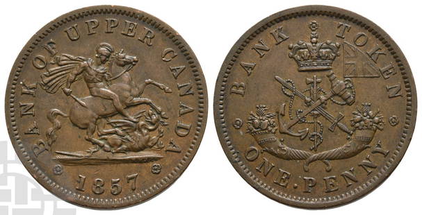 Canada, British Colonial. Bank of Upper Canada CU Penny.: 1850-1857. Heaton (Birmingham) mint. Dated 1857. John Pinches, engraver. Design by Benedetto Pistrucci. BANK OF UPPER CANADA ? 1857 ?, St. George on horseback to right, holding sword with right hand a