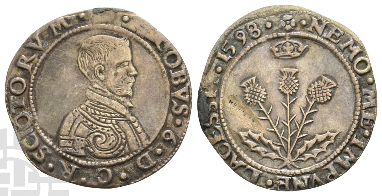 Reproduction of Scotland, James VI AR Ten Shillings.: 19th century AD.Dated 1598. IACOBVS 6 D G R SCOTORVM, armored bust to right / NEMO ME IMPVNE LACESSIT 1598, three thistles; crown above. For prototype: SCBI 35 (Ashmolean & Hunterian) 1263; SCBC 5493.