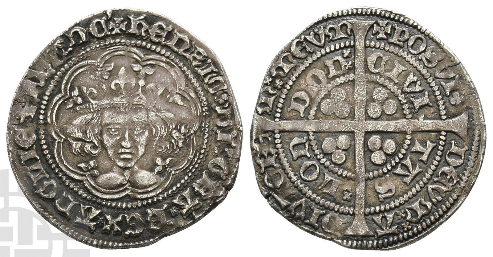 Reproduction of Henry IV or V AR Groat.: 20th century AD.'Emaciated' crowned facing bust / Long cross patt?e with trefoil of pellets in each quarter. For prototype cf. SCBC 1759. 6.02gr, 27mm, 12h.Good Fine. From a London, UK, collection.