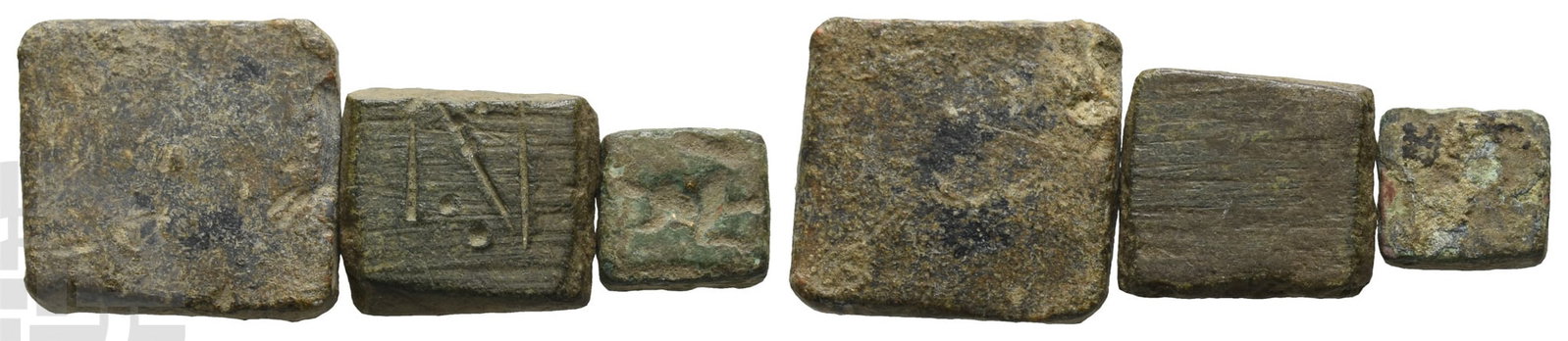 Group of Three [3] Byzantine AE Weights.: 5th-6th century AD.Various types. 8.33gr total.Condition as seen. From an English collection formed before 2000.