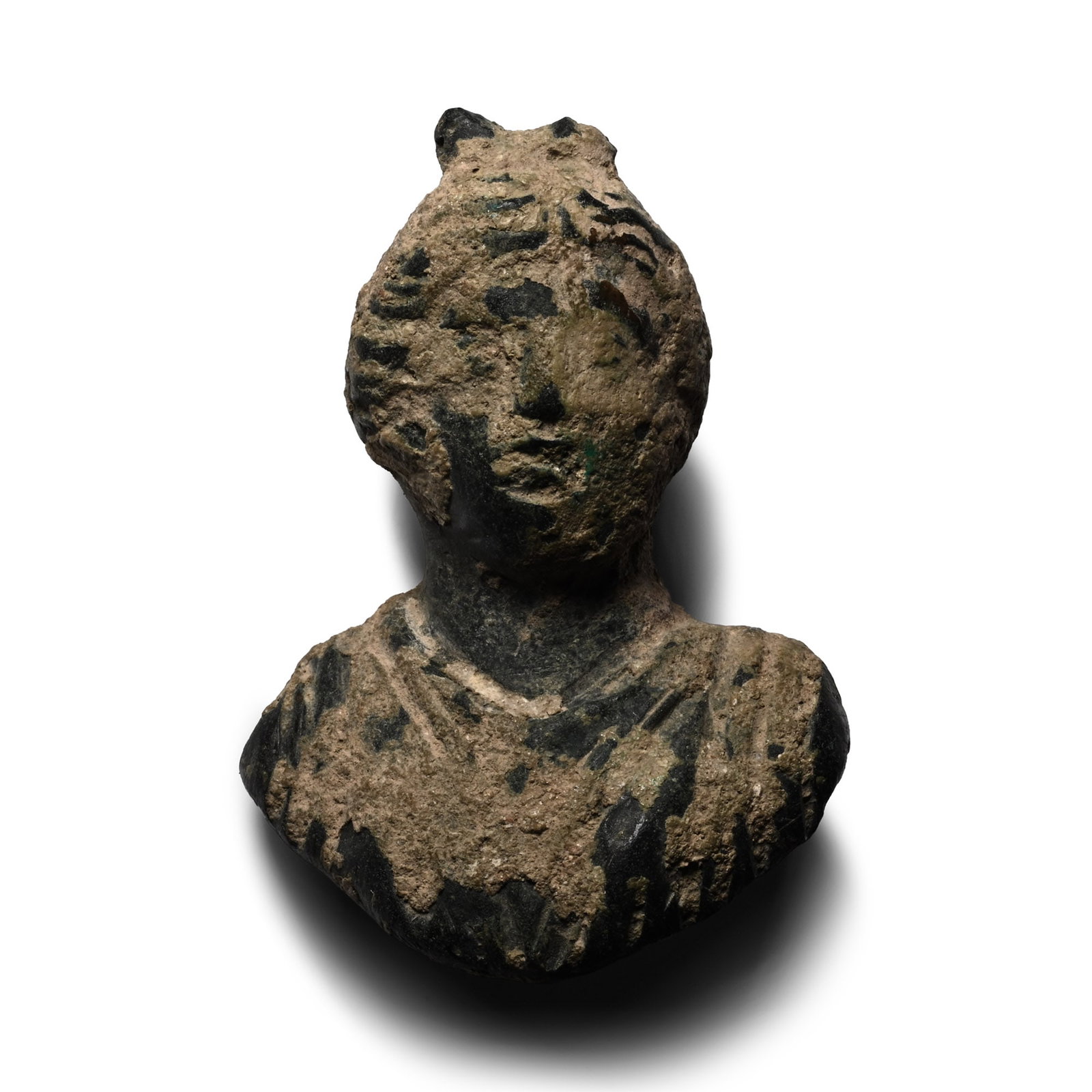 Roman Bronze Bust of a Woman: 2nd-3rd century A.D. Modelled in the round with stephane to the hair, crescent above, wearing a peplos dress with undertunic; mounting lug to reverse. Cf. Rolland, H., Bronzes Antiques de Haute Proven