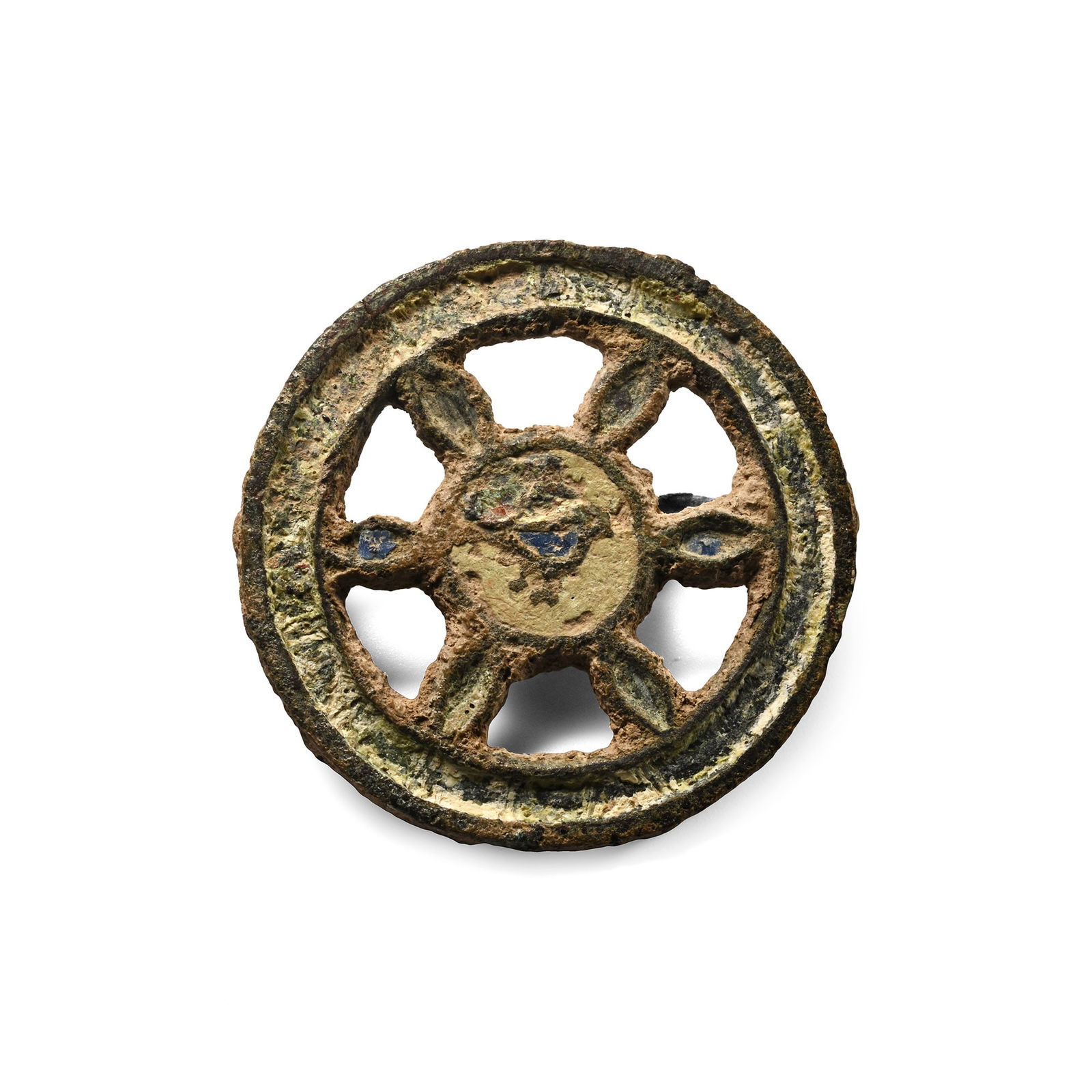 Byzantine Enamelled Brooch with Bird: 9th century A.D. Comprising: Outer ring linked by six radiating ellipsoid spokes to central hun, pin-lug, pin and catch to the reverse; outer ring with median band of enamel, similar to each of the sp