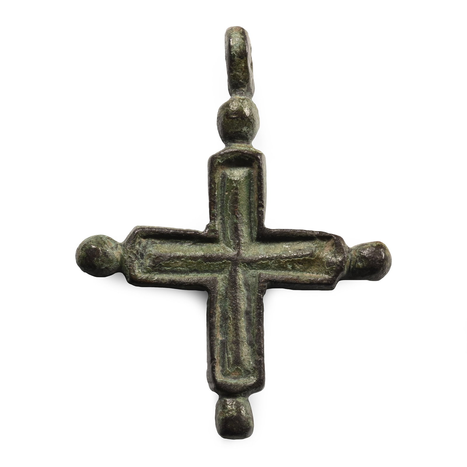 Byzantine Bronze Cross Pendant: 10th-12th century A.D. Thick arms with knop finials, low-relief cross to both faces; integral suspension loop. 13.6 grams, 52 mm (2 in.). [No Reserve] Ex German art market, 2000s. Acquired from an EU 