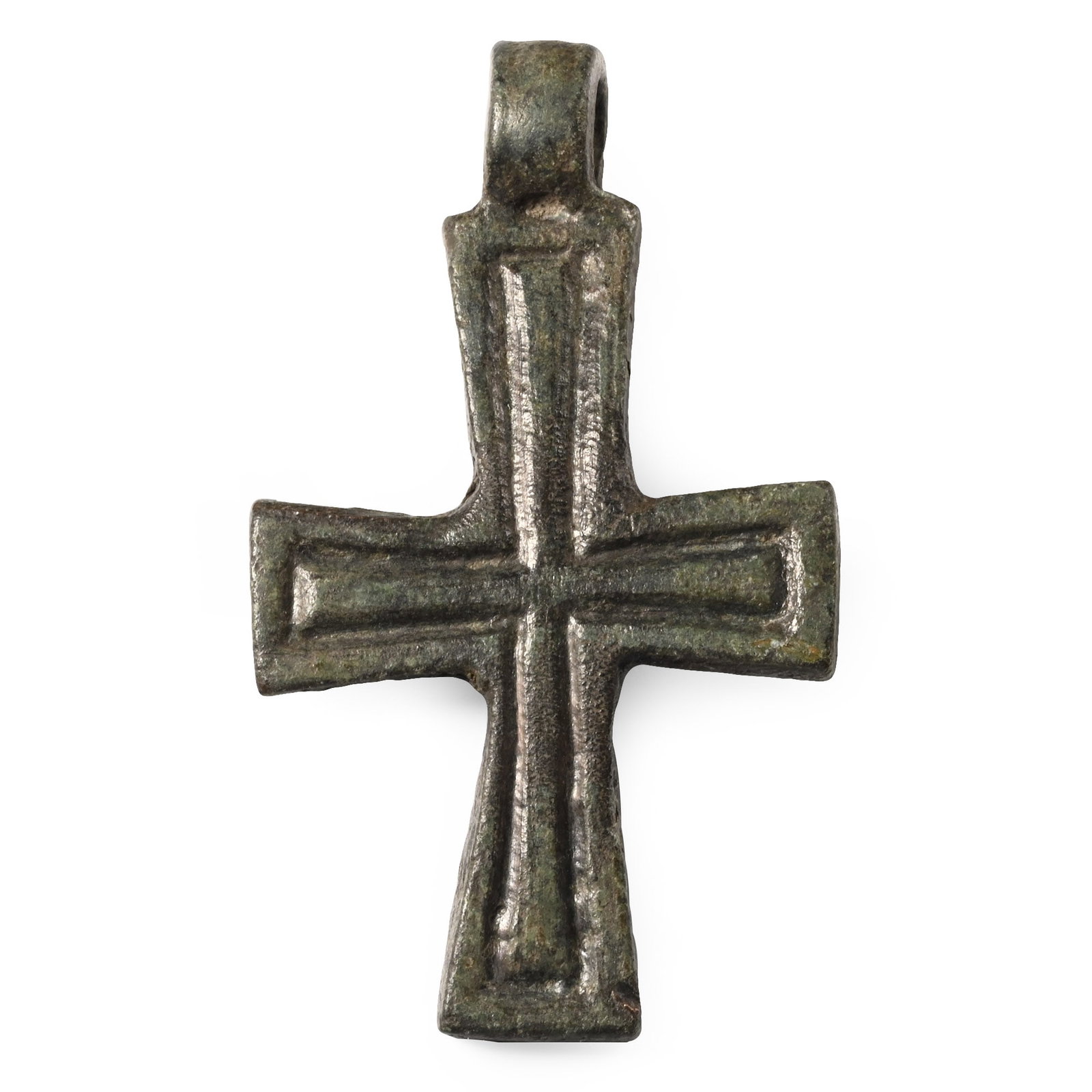 Byzantine Bronze Cross Pendant: 10th-12th century A.D. Gently expanding arms with raised borders, integral suspension loop above. 9.42 grams, 44 mm (1 3/4 in.). [No Reserve] Ex German art market, 2000s. Acquired from an EU collector