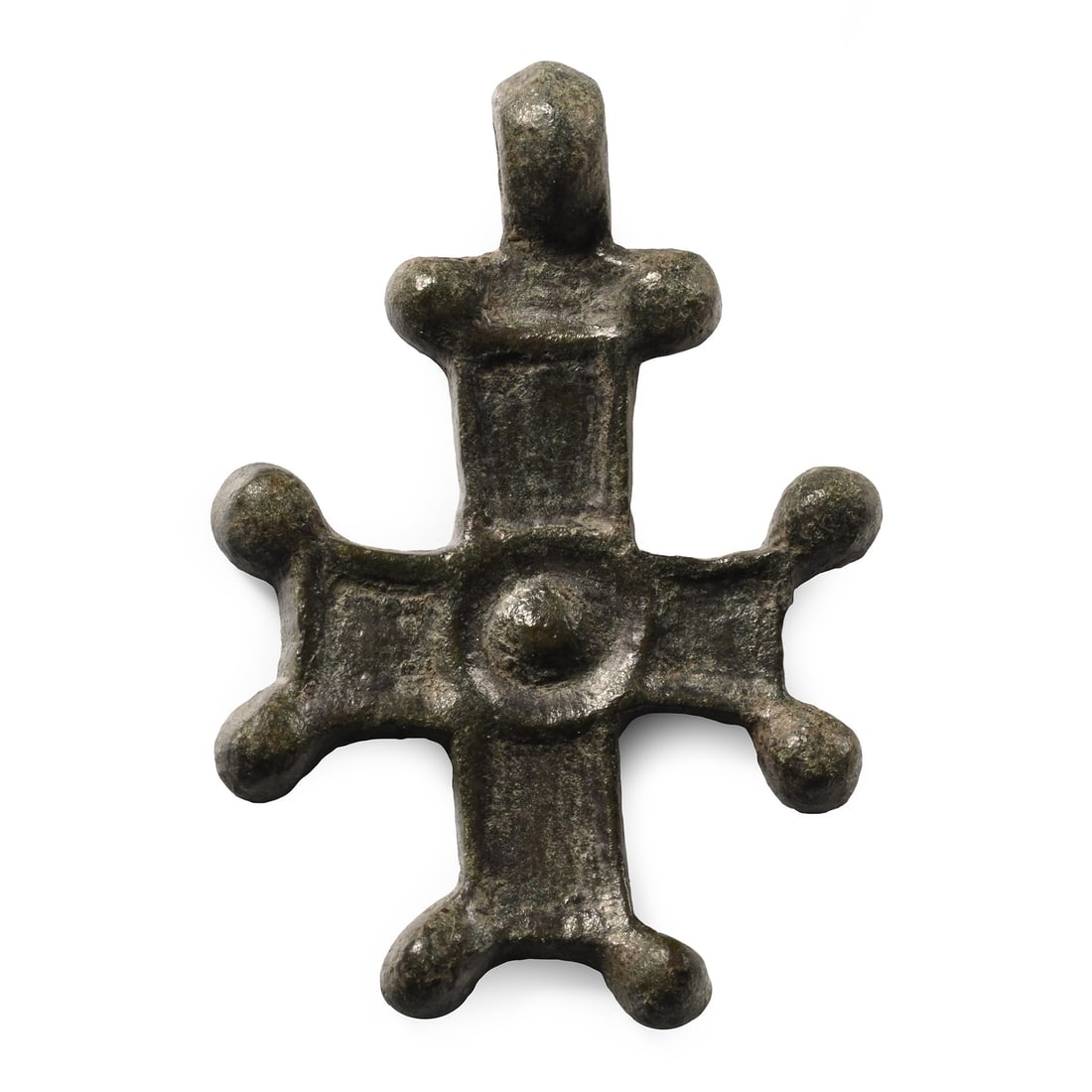 Byzantine Bronze Cross Pendant: 10th-12th century A.D. A pair of knops to each arm, a low-relief ring-and-dot motif to the centre. 8.19 grams, 39 mm (1 1/2 in.). Ex German art market, 2000s. Acquired from an EU collector living in L