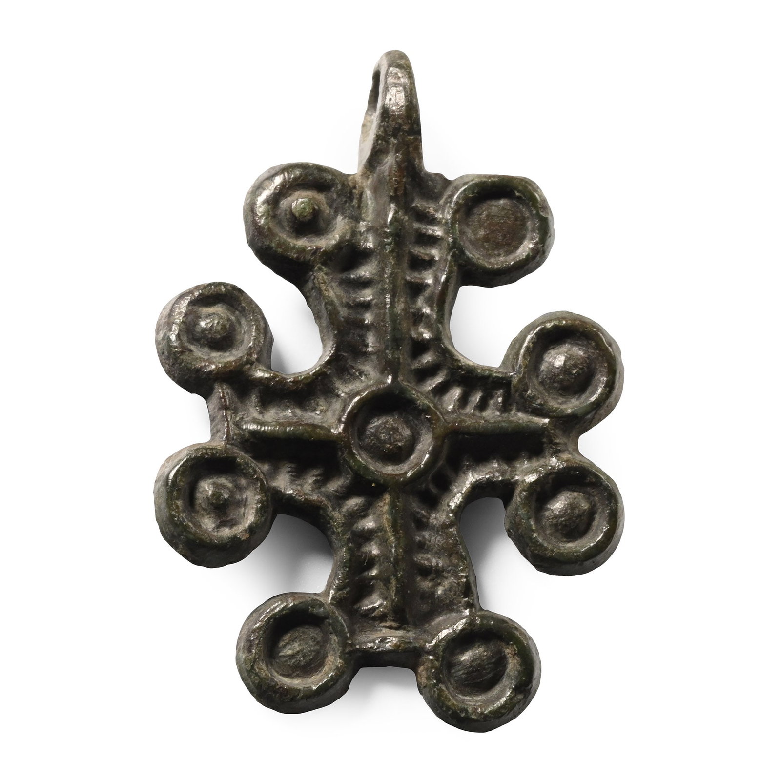 Byzantine Bronze Cross Pendant: 10th-12th century A.D. A pair of lobes to each arm with raised central pellet and borders, raised ridges and borders with a central ring-and-dot motif. 8.04 grams, 36 mm (1 3/8 in.). [No Reserve] Ex G