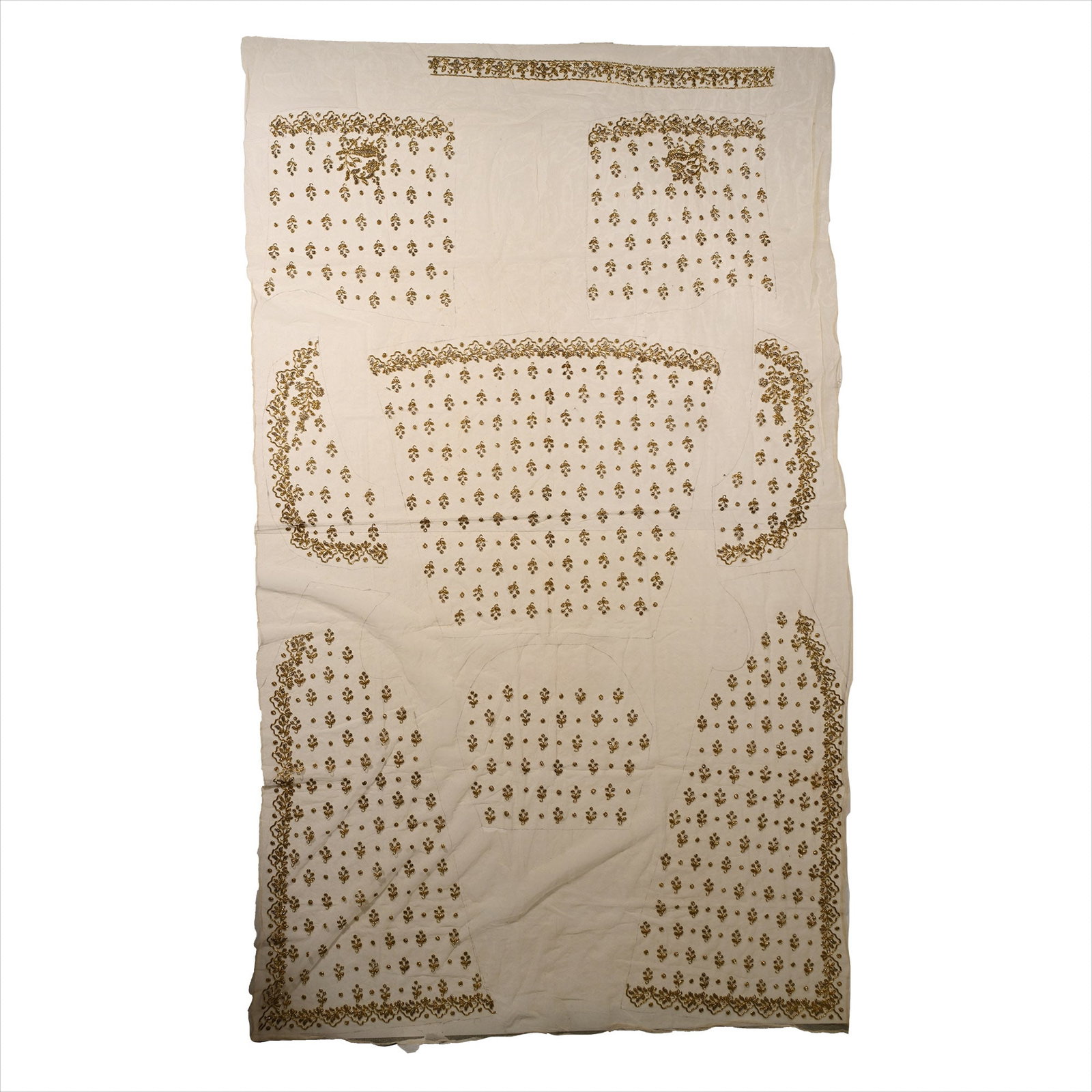 Western Asiatic Textile with Gold Embroidery: 19th-20th century A.D. A large netted textile with delicate embroidery in silver and gold thread, traced outlines for a garment surrounding each embroidery group. 474 grams, 133 x 230 cm (52 x 90 1/2 