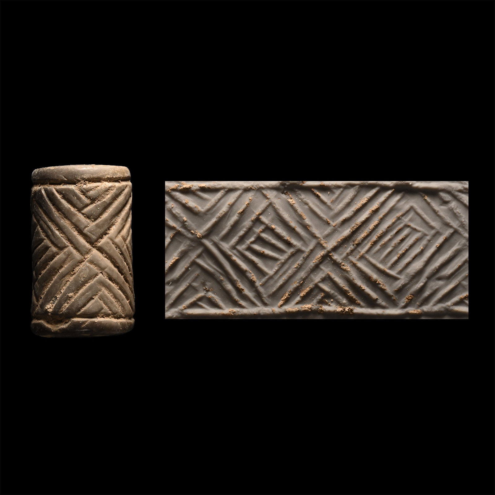 Proto-Sumerian Limestone Geometric Cylinder Seal: 3rd millennium B.C. With geometric design of hatched lozenges and concentric bands; supplied with a museum-quality impression. 16.3 grams, 29 mm (1 1/8 in.). [No Reserve] (For this specific lot, 5% im