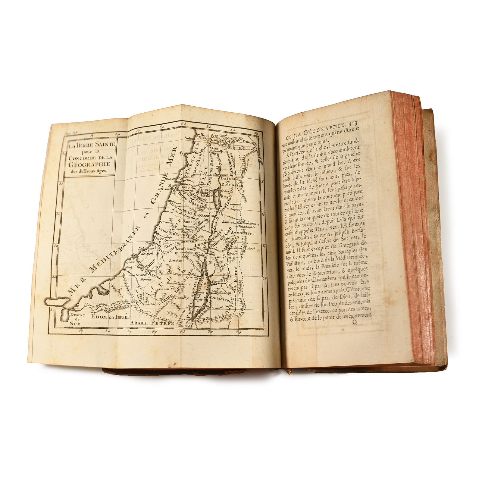 Leather Bound French Atlas - Concorde de la Geographie de Differens Ages: 1772 A.D. Paris, hardback with full leather cover, marbled endpapers, gold block titling to spine, portrait engraving of author Antoine Pluche, 511 pp, 12 foldout maps. 437 grams, 17.5 x 10.5 cm (6 7/