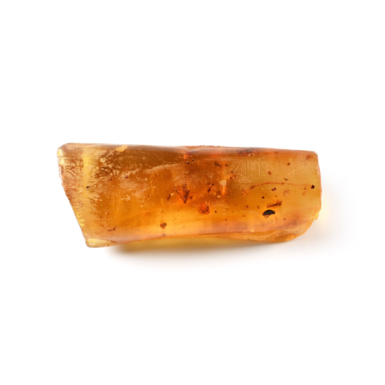 Polished Copal Specimen with Spiders and Flies: Carboniferous Period, circa 3 million years B.P. A thick cone-like section showing two spiders and several flies, mounted on cardboard backing. 26 grams, 63 mm (2 1/2 in.). [No Reserve] Ian Wilkinson