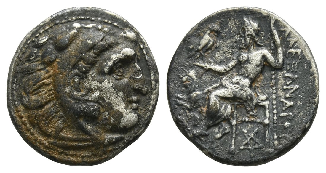 Kings of Thrace. Macedonian, Lysimachos AR Drachm.: Kolophon mint. Struck circa 301/0-300/299 BC. In the name and types of Alexander III of Macedon. 305-281 BC. Head of Herakles to right, wearing lion skin headdress, paws tied beneath chin / ??????????