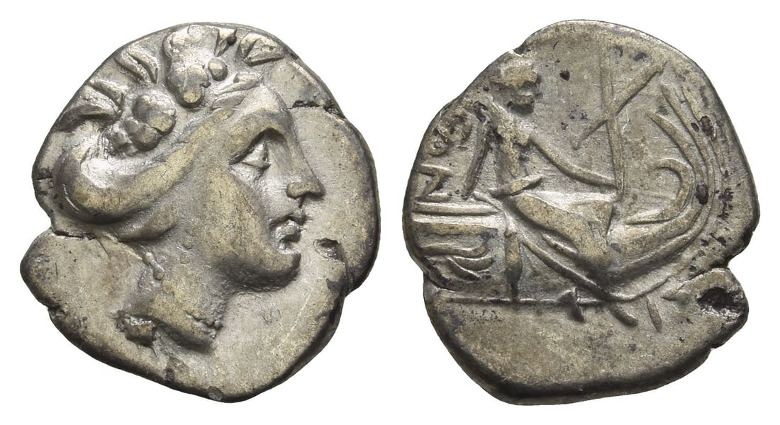 Euboia, Histiaia AR Tetrobol.: Circa 196-146 BC. Wreathed head of the nymph Histiaia to right / The nymph Histiaia seated to right on stern of galley, holding stylis; wing on galley, I?[TIAI]E?N around. BCD Euboia 430-431; HGC 4, 1