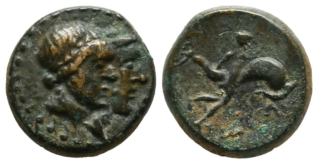 Caria, Iasos AE 20mm.: Circa 200-150 BC. Jugate heads of Apollo, laureate, and Artemis to right / Hermias swimming with dolphin to right; IA????. Cf. HN Online 277 (temporary). 8,48gr, 20mm, 12h. Very Fine. UK private colle