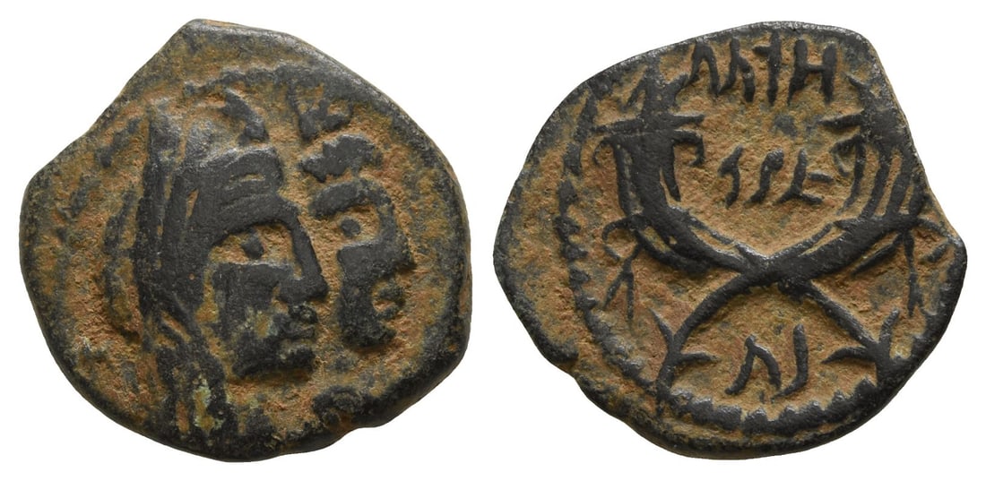 Nabataea, Aretas IV, with Shaqilat AE 18mm.: Petra mint; struck AD 20-40. 9 BC-AD 40. Jugate busts of Aretas and Shaqilat to right; [H-F?] in Aramaic across fields / Crossed cornucopiae; legend in Aramaic between and below. Cf. Meshorer, Nabatae