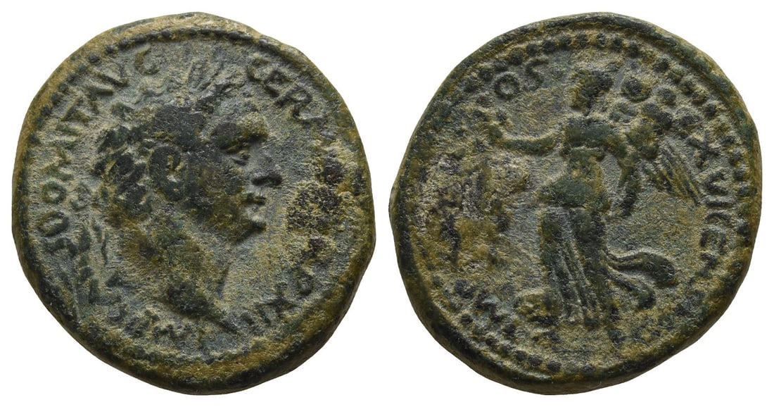Domitian AE 25mm of Caesarea Maritima, Judaea.: Struck 92/3 CE. 81-96 CE. IMP CAES DOMIT AVG GERM P M TR P XII, laureate head to right / IMP XXIII COS XVI CE[NS P P P, Victory advancing to left, holding wreath and trophy. RPC II 2308; Sofaer 36-8;
