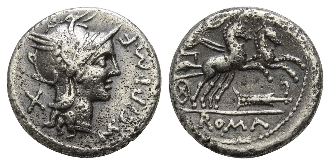 M. Cipius AR Denarius.: Rome mint. 115-114 BC. Helmeted head of Roma to right; M • CIPI • M • F before, X (mark of value) behind / Victory driving galloping biga to right, holding reins and palm branch; rudder