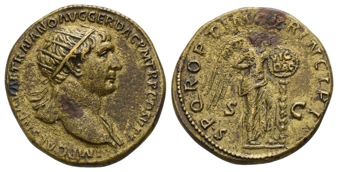 Trajan AE Dupondius.: Rome mint; struck AD 104-107. AD 98-117. IMP CAES NERVAE TRAIANO AVG GER DAC P M TR P COS V P P, radiate bust to right, drapery on far shoulder / S P Q R OPTIMO PRINCIPI, Victory standing to right, fa