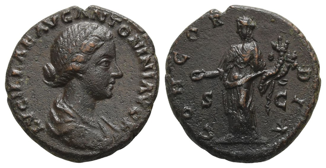 Lucilla, Augusta AE As.: Rome mint; struck AD 161-164. AD 161-169. LVCILLAE AVG ANTONINI AVG F, draped bust to right / CONCOR-DIA, Concordia standing facing, head to left, holding patera and double cornucopiae; S C across fie