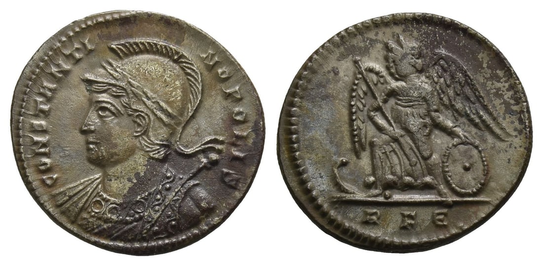 City Commemorative BI Nummus.: Rome mint. 5th officina. Struck under Constantine I, AD 330. CONSTANTI-NOPOLIS, laureate and helmeted bust of Constantinopolis to left, wearing imperial mantle and holding sceptre / Victory standing t