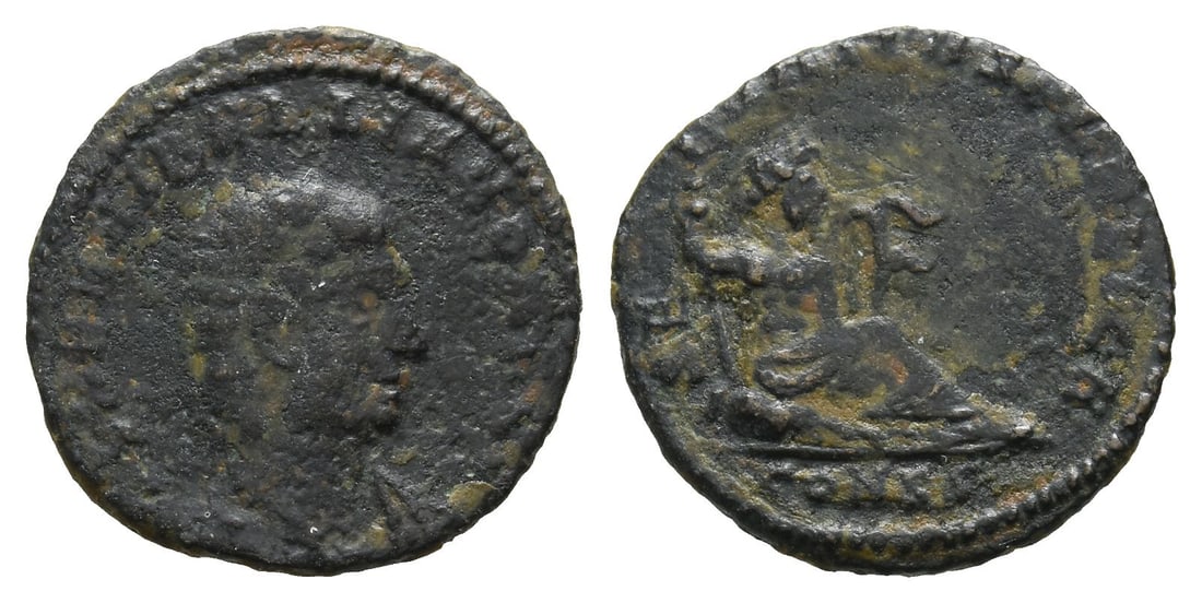 Hanniballianus, Rex Regum AE 16mm.: Constantinople mint. Struck AD 336-337. 6th officina. AD 335-337. FL HANIBALLIANO REGI, bare-headed, draped and cuirassed bust to right / SECVRITAS PVBLICA, Euphrates seated to right on ground, leanin