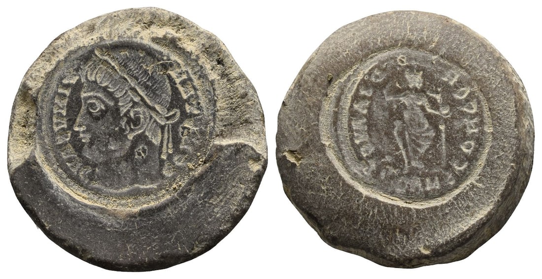 Constantine I, Terracotta Forger's Casting Mould.: 4th century AD. CONSTAN-TINVS AVG, laureate head to right / CONCOR-DIA AVG, Constantinopolis seated facing on throne, holding sceptre and Victory on globe. 2.20gr, 23mm, 10h. Condition as seen. Castin