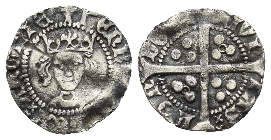 England. Lancaster, Henry VI AR Penny.: London mint; i.m: pierced cross. Annulet issue. Struck 1422-1427. First reign, 1422-1461. ? ???R[ICVS R?]X ?? ANGLI?, crowned facing bust / [C]IVI-TAS ?? LON-DO[N], long cross pattée; trefoils in qua