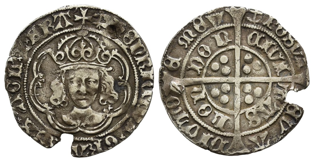 England. Tudor, Henry VII AR Groat.: London (Tower) mint; i.m: anchor. Facing bust issue, type IIIc. Struck 1499-1502. 1485-1509. (Anchor) ??NRIC × DI × GRA R?X × AGL '× Z × FRA, crowned facing bust within double polylobe / (Anchor)