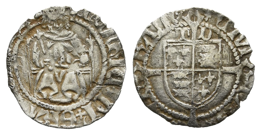 England. Tudor, Henry VIII AR Penny.: Durham mint; i.m: lis / lis. Thomas Ruthall, bishop (1509-1523). First coinage. Sovereign type. Struck 1510-1515. 1509-1547. (Lis) ??NRIC' ? DI' ? GRA [R?X AGL Z], Henry enthroned facing, holding lis-