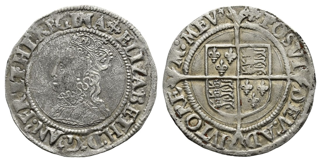 England. Tudor, Elizabeth I AR Groat.: Tower (London) mint; i.m: cross crosslet. Second issue. Struck 1560-1561. 1558-1603. (Cross crosslet) ELIZABETH • D .' G .' AN .' FR' ET • HI .' REGINA, crowned bust to left, wearing ruff / 