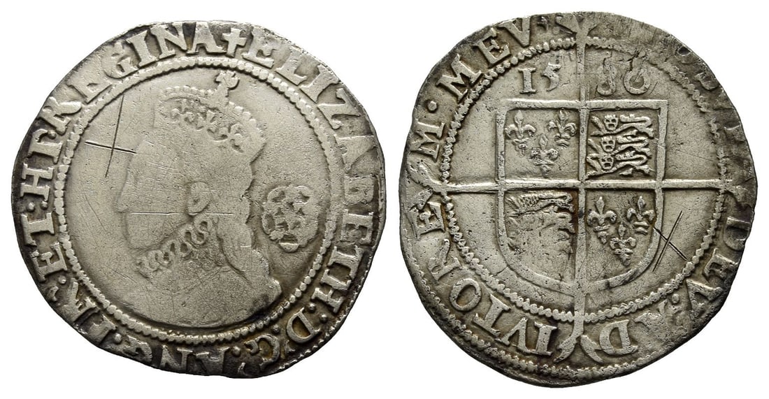 England. Tudor, Elizabeth I AR Sixpence.: Tower (London) mint; i.m: Latin cross. Fifth issue; dated 1580. 1558-1603. (Latin cross) ELIZABETH : D .' G .' ANG .' FR .' ET : HI .' REGINA, crowned bust to left, wearing ruff; rose behind / (Latin 