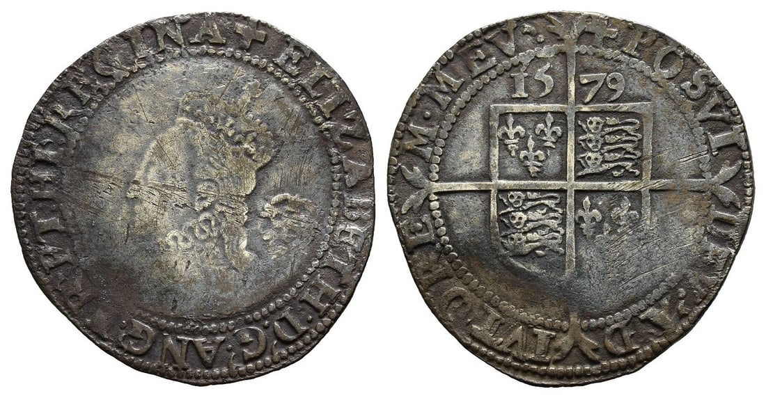 England. Tudor, Elizabeth I AR Sixpence.: Tower (London) mint; i.m: Greek cross. Fifth issue; dated 1579. 1558-1603. (Greek cross) ELIZABETH : • D .' G .' ANG .' FR .' ET : HI .' REGINA, crowned bust to left, wearing ruff; rose behind / 