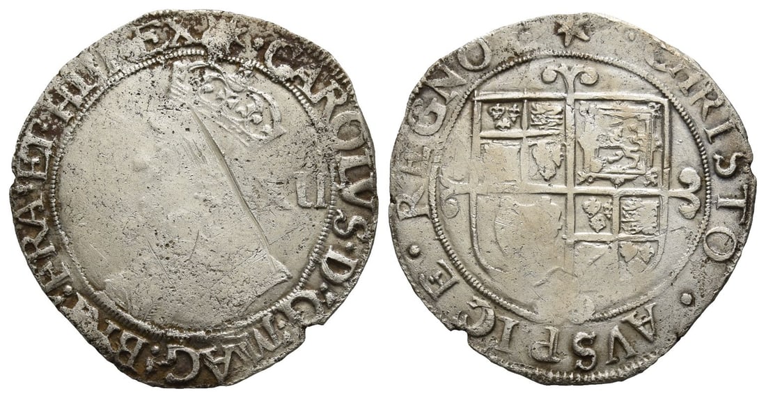 England. Stuart, Charles I AR Shilling.: Tower (London) mint; i.m: star. Struck 1640-1641. Group F; sixth large 'Briot's bust', type 4.4. 1625-1649. (Star) · CAROLVS · D .' G .' MAG .' BRI .' FRA .' ET · HI .' REX ·, crowned sixth bust t