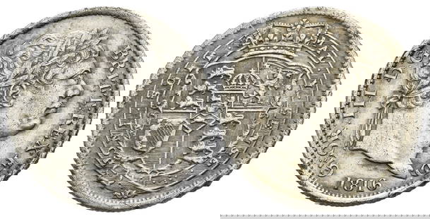 Great Britain. Hanover, George III AR Shilling.: London mint. Dated 1816. 'Bull Head' type. Last coinage. Engraved by Benedetto Pistrucci and Thomas Wyon. 1760-1820. GEOR : III D : G : BRITT : REX F : D :, laureate head to right; date below / Ornate